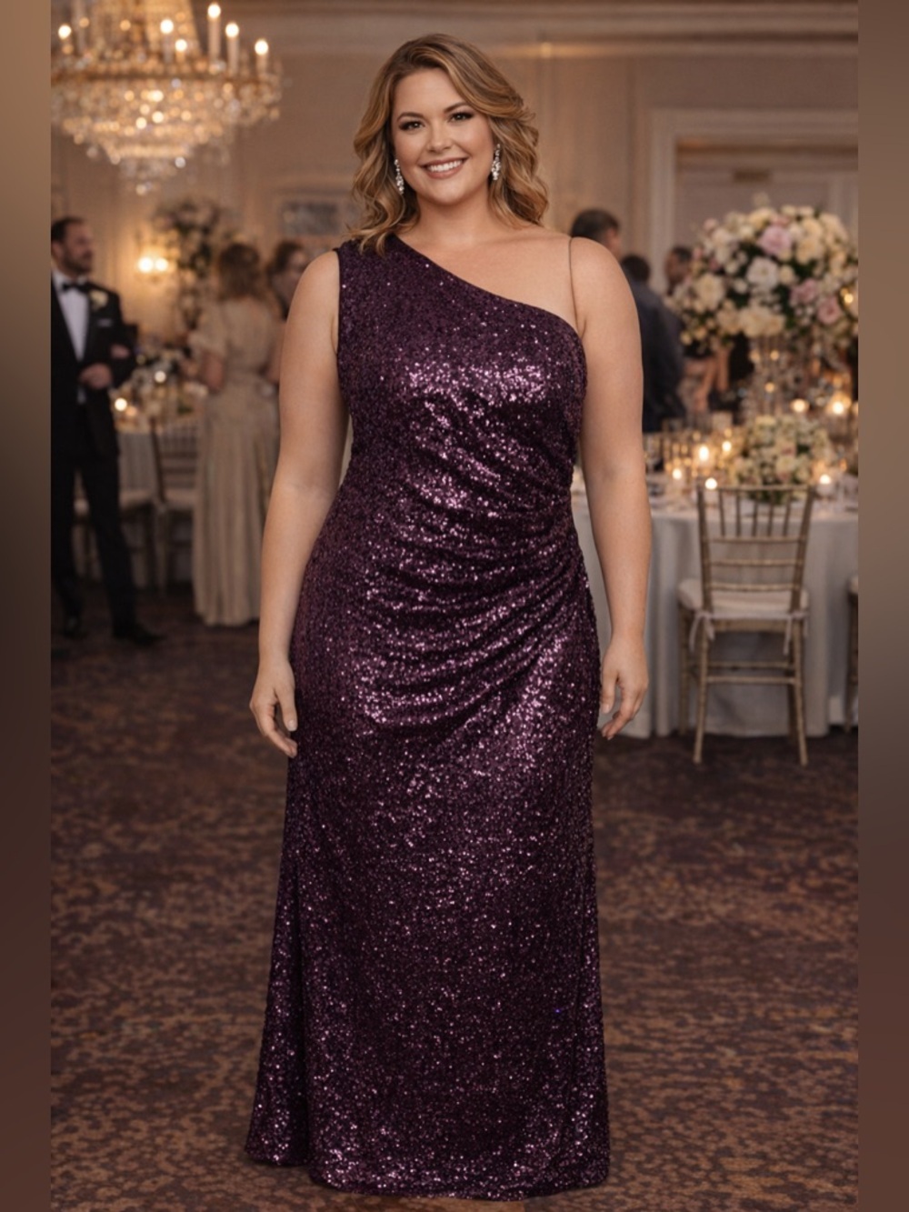 VINCE CAMUTO - one shoulder sequin gown. Size 14. Fits 12 & 14